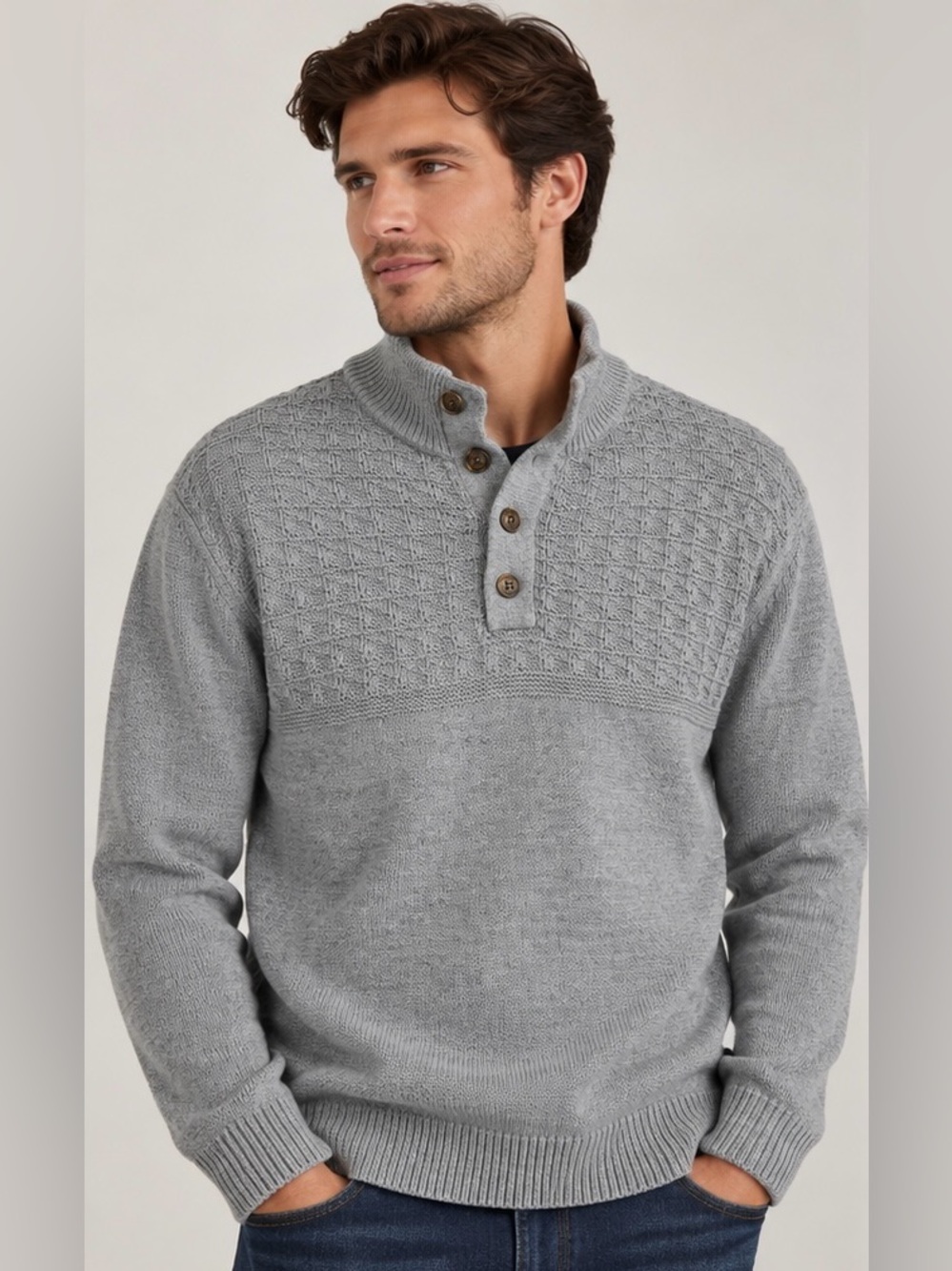 Tommy Bahama Men’s XXL Gray Textured Knit Mock Neck Button Pullover Sweater
